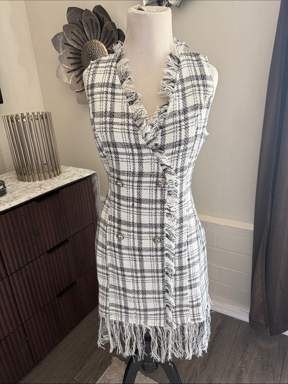 Sugarlips Black & White Fringe Tweed Mini Dress
